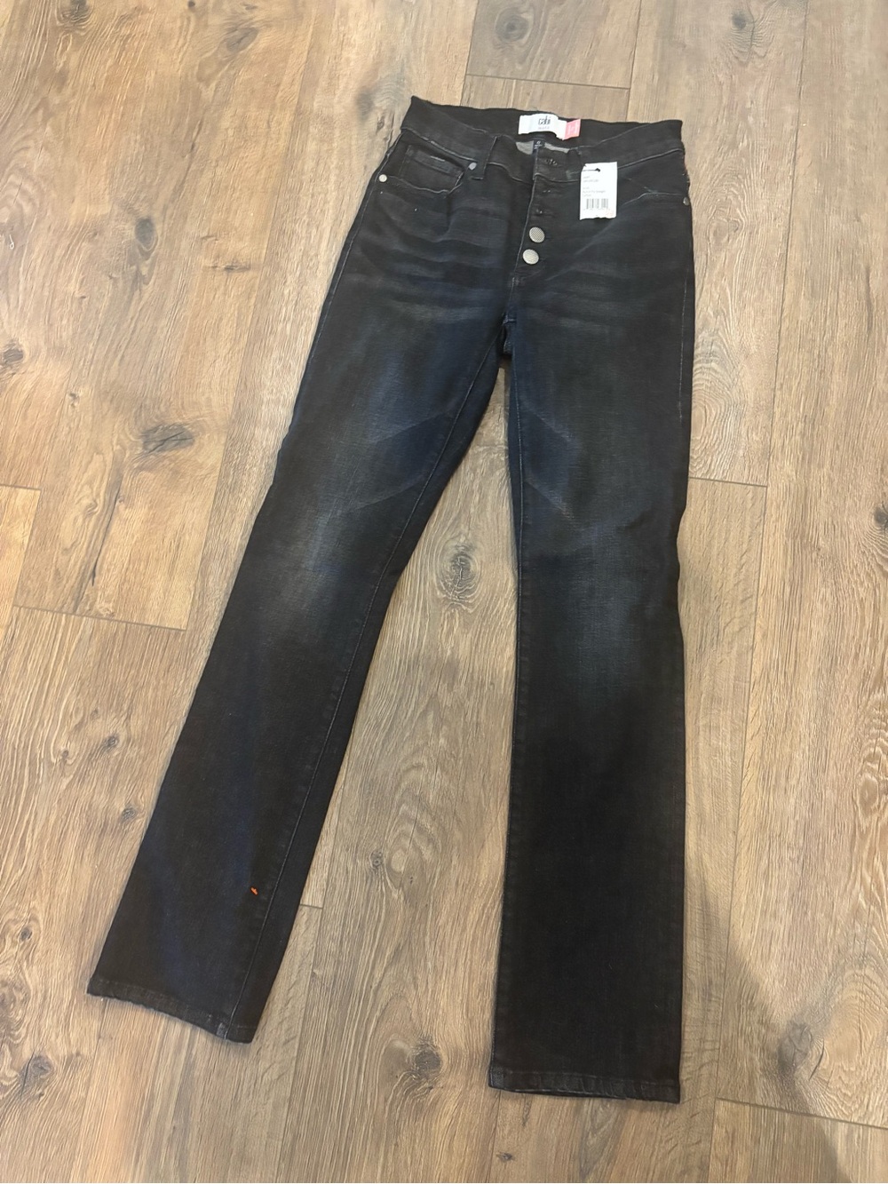 CAbi Button Fly Straight Jeans Womens 0 Black Dark Wash Mid Rise Stretch Denim